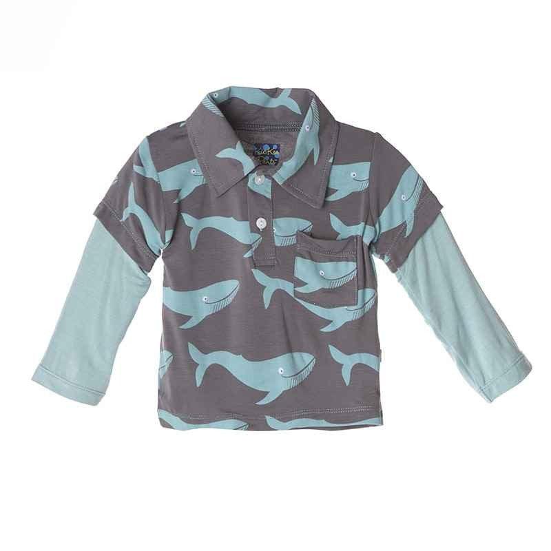 Bamboo Long Sleeve Double Layer Polo Shirt, Rain Whale - Image 4